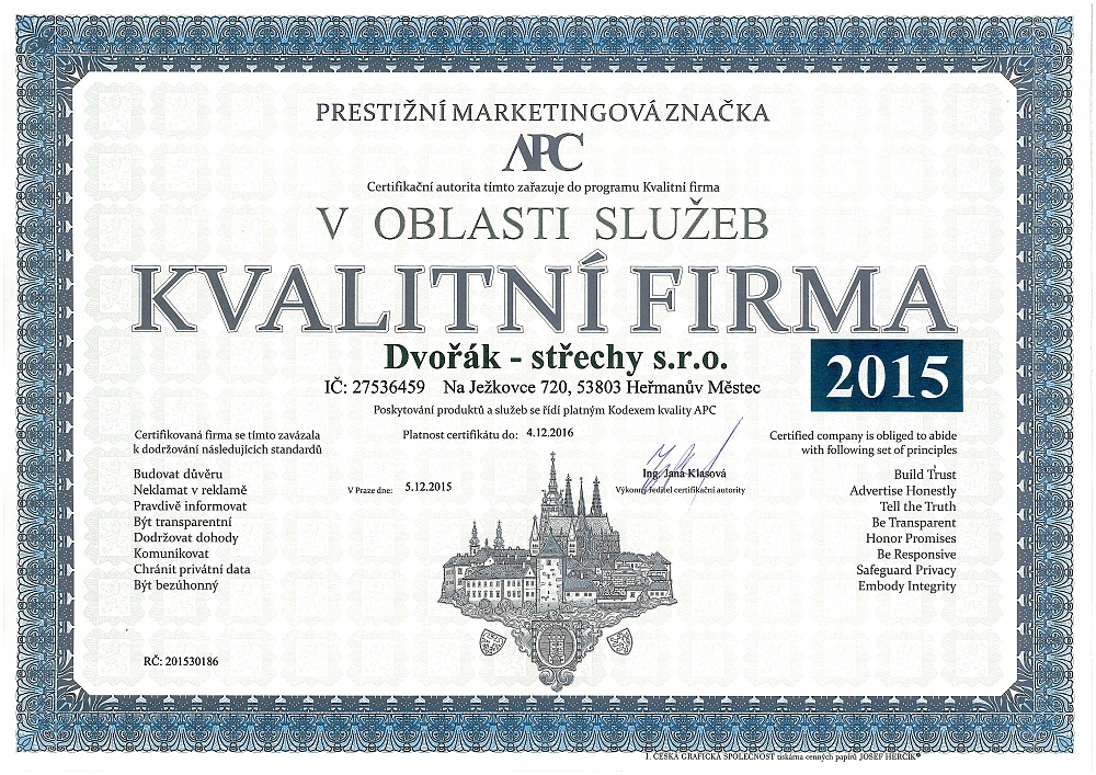 Certifikát APC Kvalitní firma